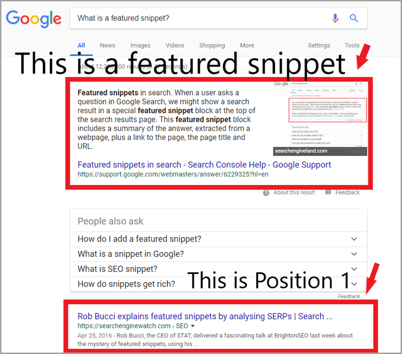 Избранный сниппет Google в выдаче - пример featured snippet на нулевой позиции