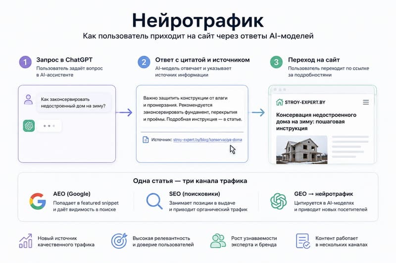 Схема нейротрафика: от вопроса в ChatGPT до перехода на сайт