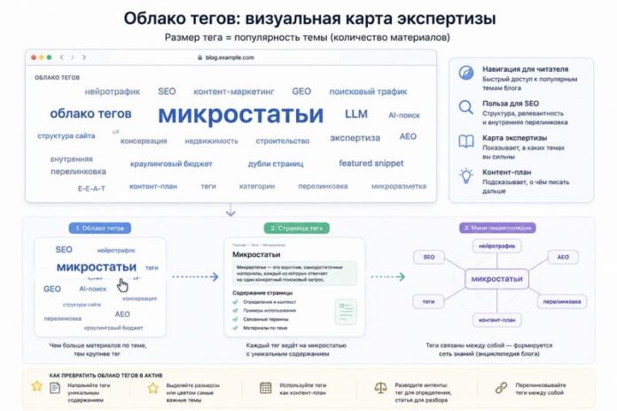 Облако тегов как мини-энциклопедия: ключевые темы выделены размером шрифта